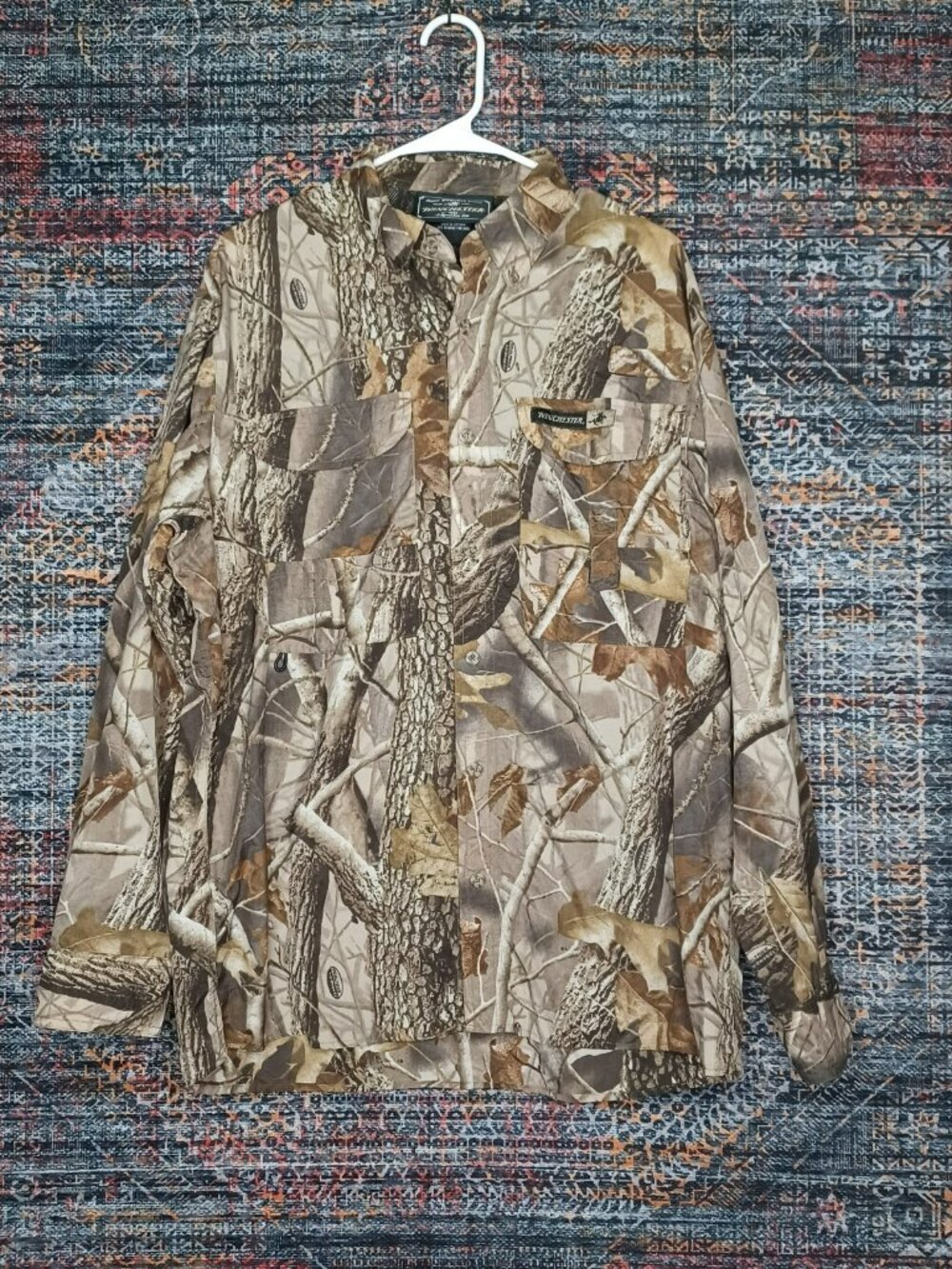 Vintage Y2K Winchester men nylon vented rollup realtree camo hunting shirt L EUC